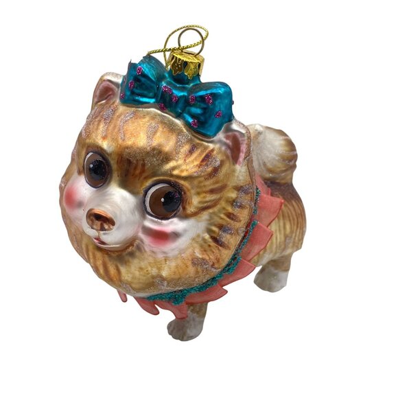 Glass Pomeranian dog Christmas tree ornament girl bow blushing ruffle collar - Picture 1 of 7